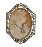 Broche - 14 karaat Witgoud Diamant (Natuurlijk) - Camee dame, Handtassen en Accessoires, Antieke sieraden