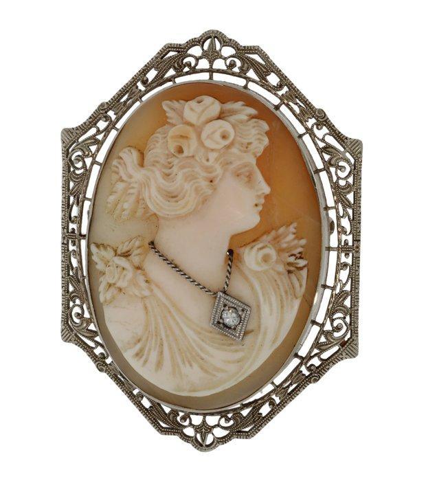 Broche - 14 karaat Witgoud Diamant (Natuurlijk) - Camee dame, Handtassen en Accessoires, Antieke sieraden