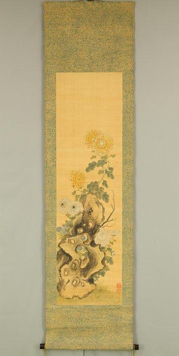 Yellow, White Chrysanthemum, and Rock - with seal Kiwa, Antiek en Kunst, Antiek | Overige Antiek