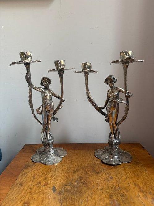Nello stile della Argentor Werke - Kaarsenhouder (2) - Tin -, Antiek en Kunst, Kunst | Designobjecten