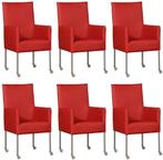 Set van 6 Rode leren moderne eetkamerstoelen - poot rond, Nieuw, Vijf, Zes of meer stoelen, Modern, Leer