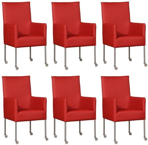 Set van 6 Rode leren moderne eetkamerstoelen - poot rond, Huis en Inrichting, Stoelen, Overige kleuren, Vijf, Zes of meer stoelen