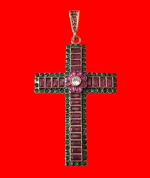 Kruis - met zilver - groene diopsides en rhodonites -, Handtassen en Accessoires, Antieke sieraden
