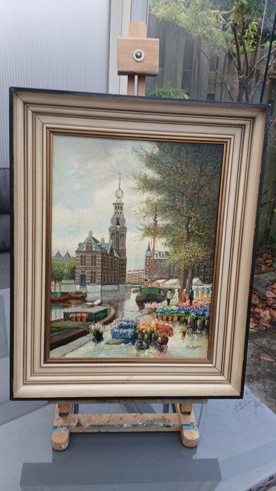 A .Rutgers (XX) - Bloemenmarkt te Amsterdam, Antiek en Kunst, Kunst | Schilderijen | Klassiek