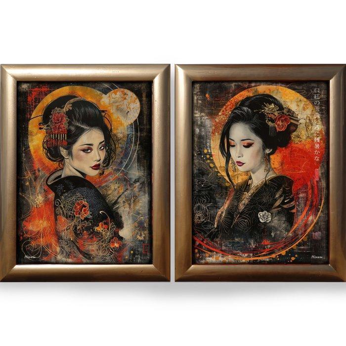 Ksavera - Japanese geisha DS0700 - diptych in gold frame, Huis en Inrichting, Overige Huis en Inrichting