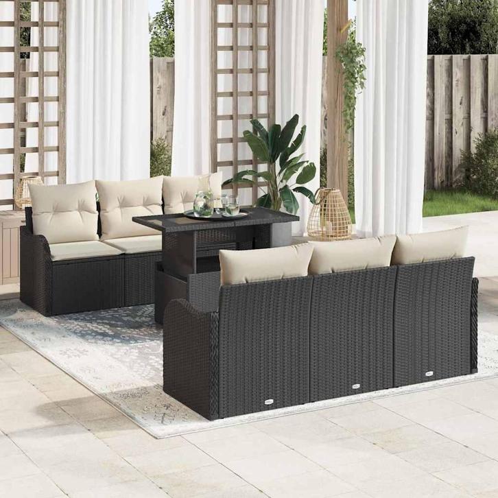 vidaXL Tuinbank Set met kussen 7 pcs Zwart Poly rattan, Tuin en Terras, Tuinsets en Loungesets, Nieuw, Verzenden