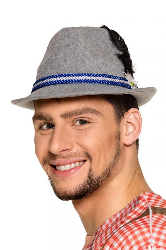 Grijze Tiroler Hoed Blauw Edelweiss Jagershoedje Bloem Oktob, Hobby en Vrije tijd, Feestartikelen, Nieuw, Ophalen of Verzenden