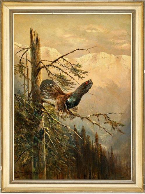 Moritz Mueller jun. (1869-1934) - Capercaillie sitting on a, Antiek en Kunst, Kunst | Schilderijen | Klassiek