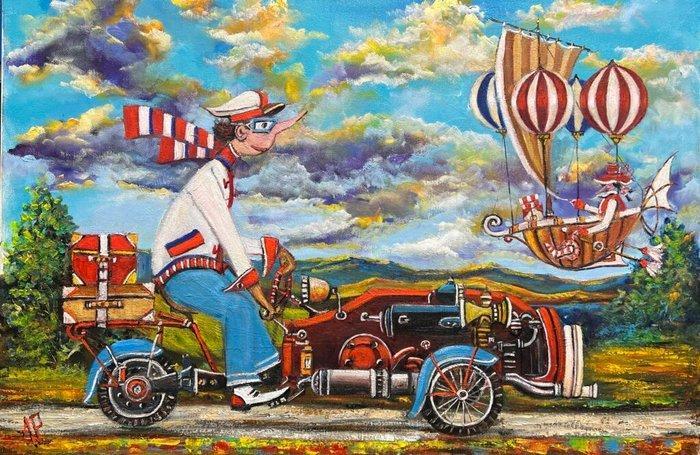 Artur Pachta - Wow! Gorgeous car, Count., Antiek en Kunst, Kunst | Schilderijen | Modern