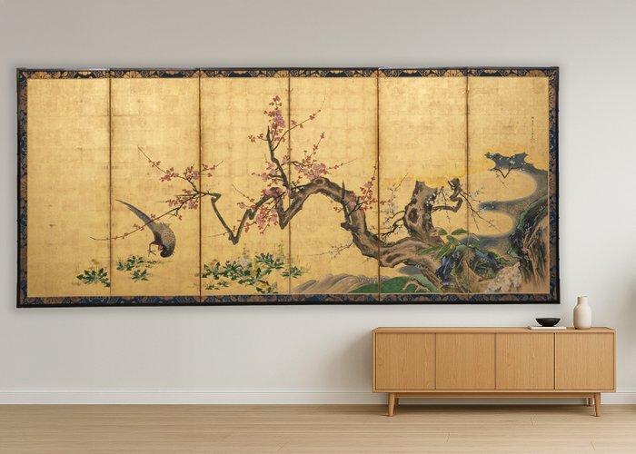 Byôbu  (vouwscherm) - goudblad, gelakt hout, zijde - In, Antiquités & Art, Antiquités | Autres Antiquités