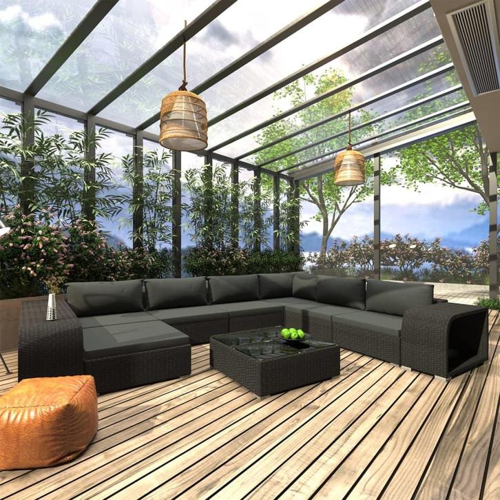vidaXL 10-delige Loungeset met kussens poly rattan zwart, Tuin en Terras, Tuinsets en Loungesets, Loungeset, Nieuw, Verzenden