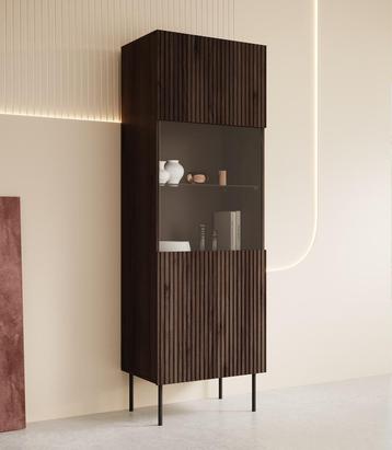 Meubella Vitrinekast donkerbruin eiken Glazen kast 60cm, Huis en Inrichting, Kasten | Vitrinekasten, Verzenden, Nieuw, 50 tot 100 cm