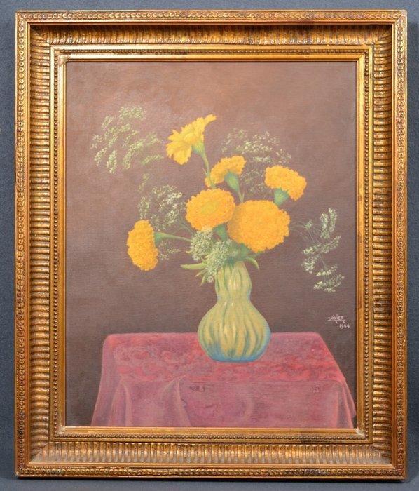 L. Ohier (XX) - Nature morte aux oeillets dinde, Antiek en Kunst, Kunst | Schilderijen | Klassiek