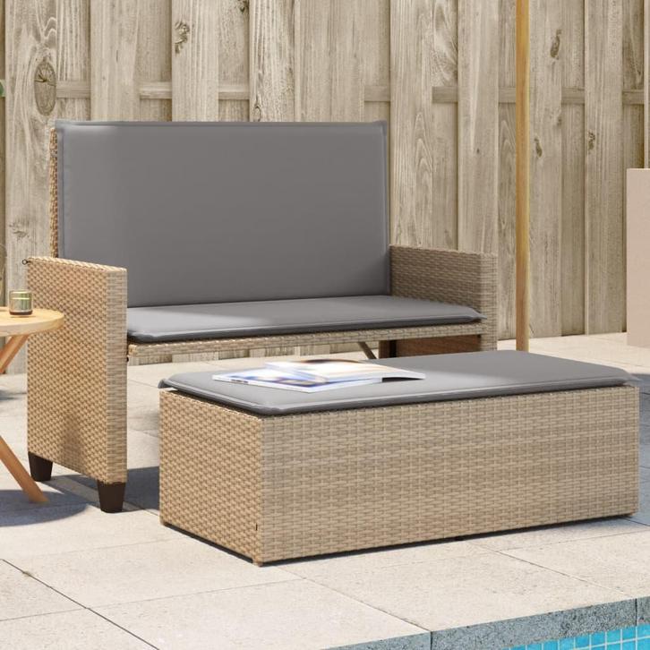 vidaXL Tuinbank met kussens en voetenbank poly rattan beige, Tuin en Terras, Tuinsets en Loungesets, Nieuw, Verzenden