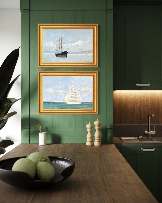 Rene Marie Dujardin (1913-2002) - Paire de voiliers en mer -, Antiek en Kunst, Curiosa en Brocante