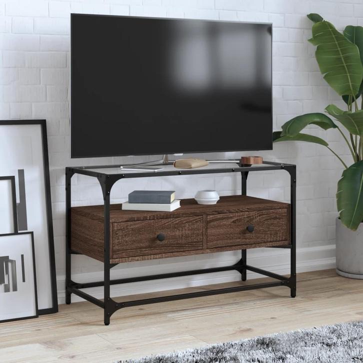 vidaXL Tv-meubel met glazen blad 80x35x51 cm hout bruin, Huis en Inrichting, Kasten |Televisiemeubels, Nieuw, Verzenden