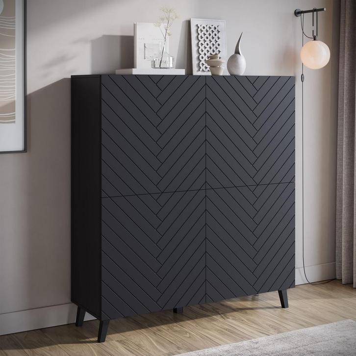Meubella | Dressoir zwart 120 cm | Visgraat op deuren kast, Huis en Inrichting, Kasten | Dressoirs, 25 tot 50 cm, Nieuw, 100 tot 150 cm