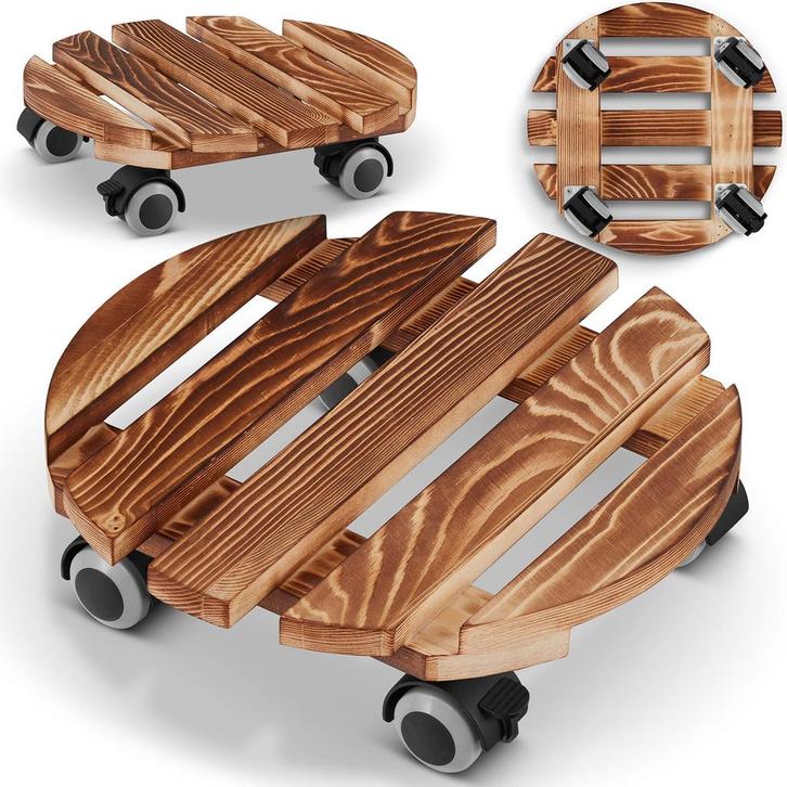 Plantentrolley - rond - 30 cm - gebeitst dennenhout, Tuin en Terras, Bloempotten, Nieuw, Ophalen of Verzenden