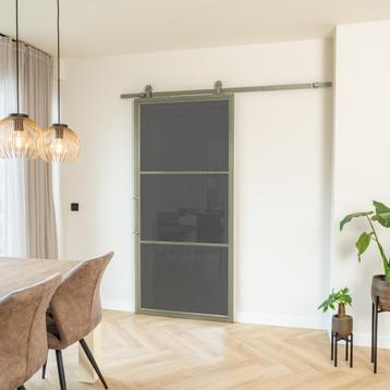 Stalen Schuifdeur - 3 Vlaks - Olijfgroen - Rook glas beschikbaar voor biedingen