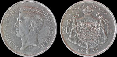 Belgium Albert I 20 frank (4belga) 1931vl-pos B nickel, Postzegels en Munten, Munten | Europa | Niet-Euromunten, België, Verzenden