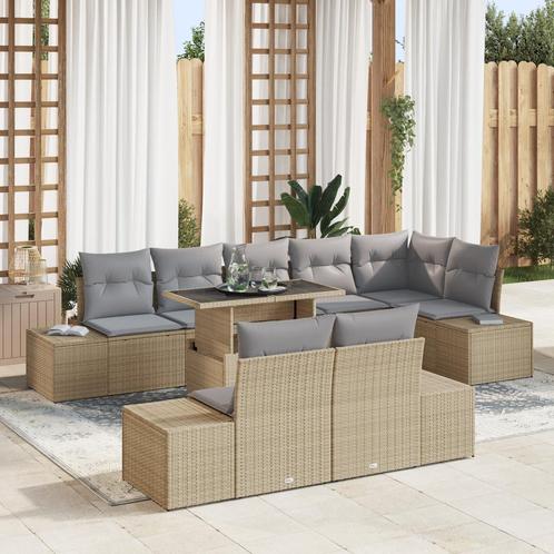 vidaXL 9-delige tuinbankset met beige kussens van poly, Tuin en Terras, Tuinsets en Loungesets, Nieuw, Verzenden