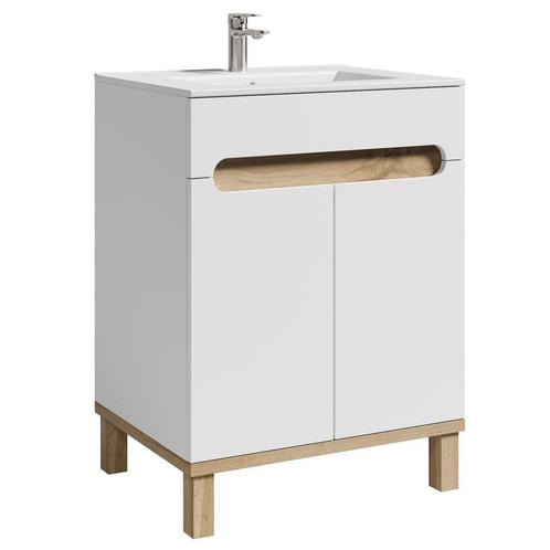 Badplaats Badkamermeubel Otero 60cm - Hoogglans Wit / Eiken, Huis en Inrichting, Badkamer | Badkamermeubels, Nieuw, Verzenden