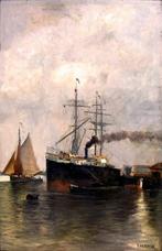 Scuola Francese (XIX) - Veduta di porto con nave a vapore -