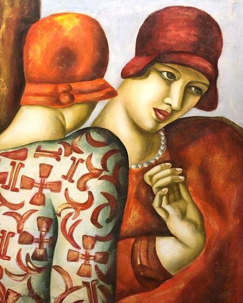École Européene (XX) - Les Confidences (Daprès Tamara de, Antiek en Kunst, Kunst | Schilderijen | Klassiek