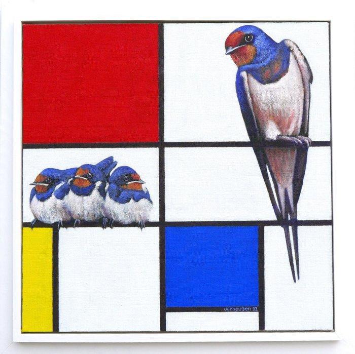 Jos Verheugen - Free after Mondrian, with Swallows (M730,, Antiek en Kunst, Kunst | Schilderijen | Modern