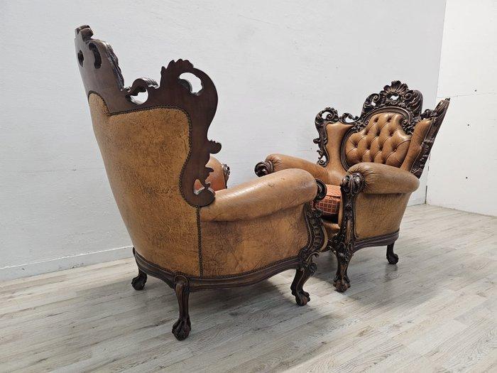 Fauteuil (2) - Hout, Leder, Textiel - Bergère in de stijl, Antiquités & Art, Curiosités & Brocante