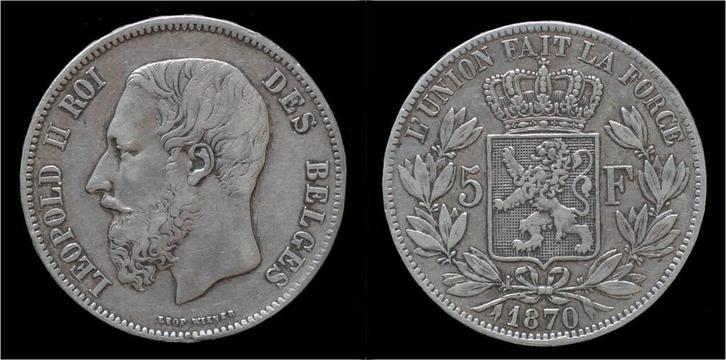 Belgium Leopold Ii 5 frank 1870 zilver, Postzegels en Munten, Munten | Europa | Niet-Euromunten, België, Verzenden