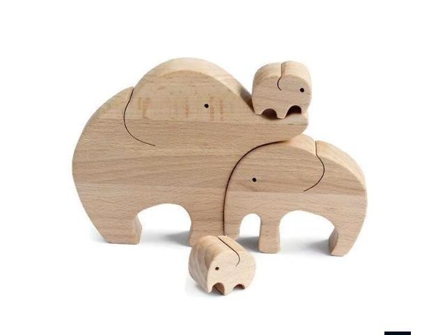 Houten Beeldje Olifant - Vader Moeder 2 Kinderen - Gezin 4-p, Verzamelen, Overige Verzamelen, Verzenden