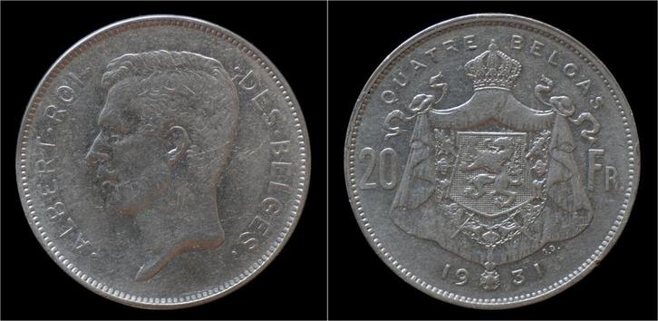Belgium Albert I 20 frank (4belga) 1931fr-pos B nickel, Postzegels en Munten, Munten | Europa | Niet-Euromunten, België, Verzenden