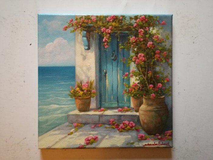 Gabriele Fabris (1958) - Rustico fiorito sul mare (Paesaggio, Antiek en Kunst, Kunst | Schilderijen | Klassiek