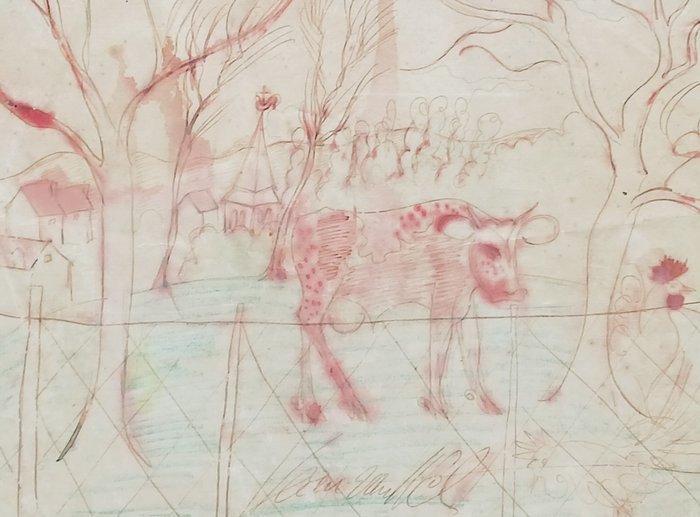 Jean Van Wel (1906-1990) - Koe in idyllisch landschap, Antiquités & Art, Art | Peinture | Classique