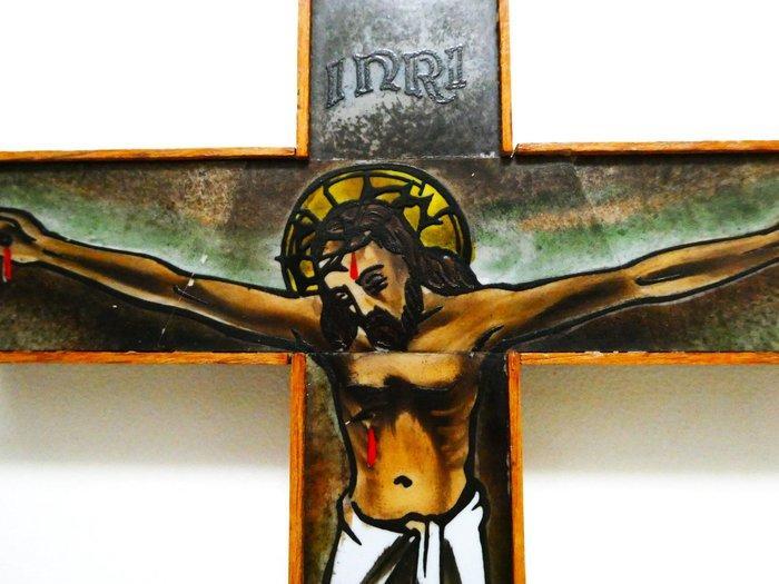 Icoon - Jezus en Jozef - Gebrandschilderd - Icoon Kruisbeeld, Antiek en Kunst, Antiek | Boeken en Manuscripten