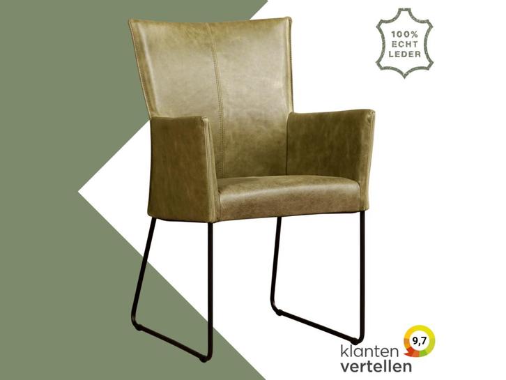 Leren eetkamerstoel Mate met armleuning - Vintage Olive, Huis en Inrichting, Stoelen, Overige kleuren, Eén, Nieuw, Leer, Ophalen of Verzenden