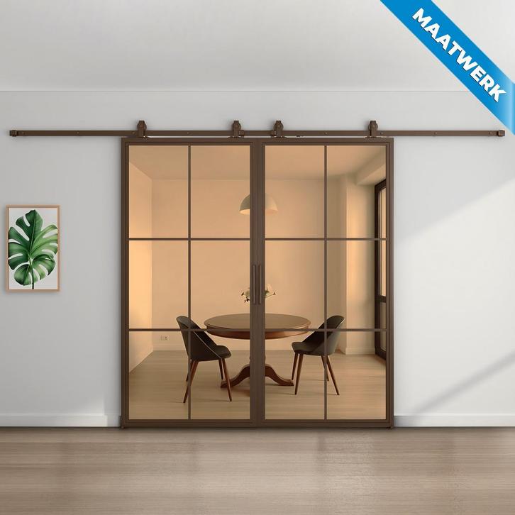 Dubbele stalen Schuifdeuren 6 Vlaks Brons Maatwerk Brons roo, Doe-het-zelf en Bouw, Raamkozijnen en Schuifdeuren, Nieuw, Metaal