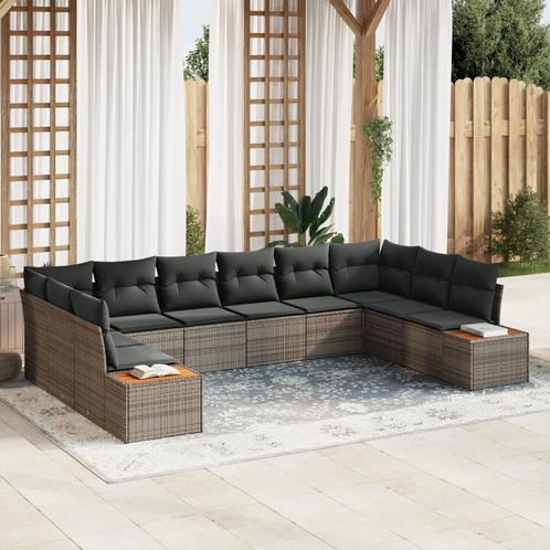 vidaXL 10-delige tuinset met kussens - Grijs Poly Riet en, Tuin en Terras, Tuinsets en Loungesets, Nieuw, Verzenden