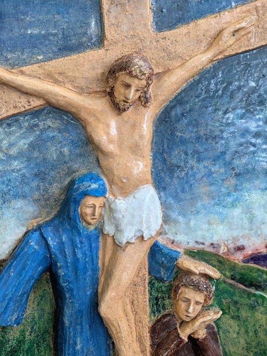 Reliëf, Crocifissione di Gesù - 55 cm - Keramiek, Hout, Antiek en Kunst, Antiek | Boeken en Manuscripten