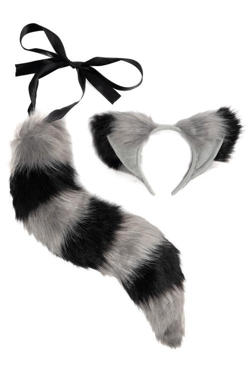 Haarband Furry Oren Staart Set Grijs Zwart Strepen Maki Wasb, Kleding | Dames, Carnavalskleding en Feestkleding, Nieuw, Ophalen of Verzenden