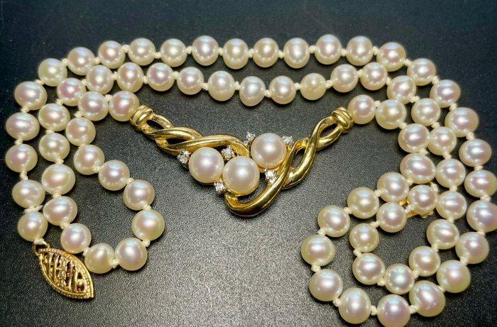 Halsketting - 10 kt. Geel goud Parel - Diamant, Handtassen en Accessoires, Kettingen