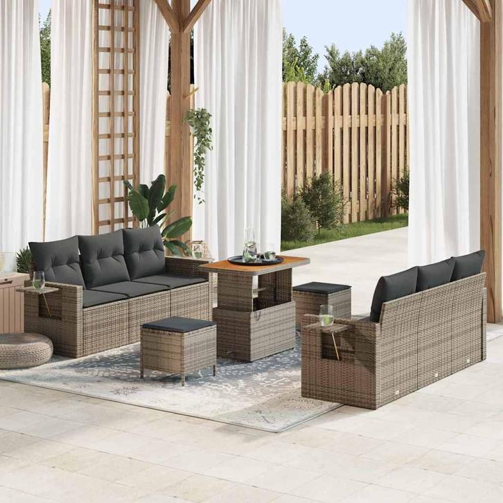 vidaXL Tuinbank Set 9 pcs Grijs Poly rattan en gepoedercoat, Tuin en Terras, Tuinsets en Loungesets, Nieuw, Verzenden
