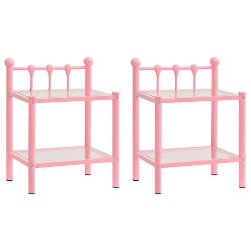 vidaXL Nachtkastjes 2 st metaal en glas roze en transparant, Maison & Meubles, Chambre à coucher | Tables de chevet, Envoi