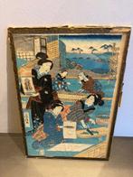 Japanse Ukiyo-e chirimen-e houtsnede - Gesigneerd - Utagawa
