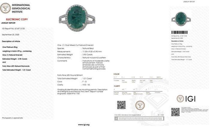 Ring Platina - 4.91ct. tw. Smaragd - Diamant, Handtassen en Accessoires, Ringen