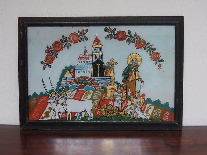 Saint Isidore the Laborer - Reverse glass painting - 47 x 33, Antiek en Kunst, Kunst | Niet-Westerse kunst