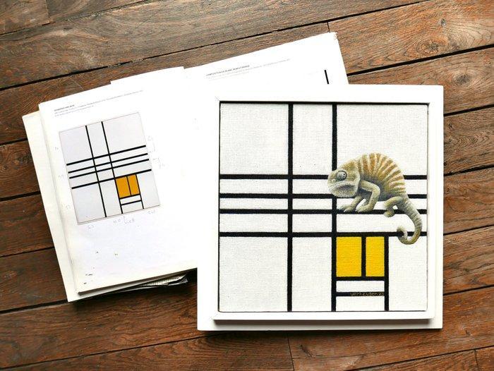 Jos Verheugen - Free after Mondrian, with Chameleon (M917), Antiek en Kunst, Kunst | Schilderijen | Modern
