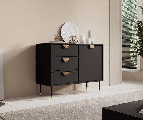 Meubella | Dressoir 100x40x78 cm mat zwart met goud, Huis en Inrichting, Kasten | Dressoirs, 25 tot 50 cm, Nieuw, 100 tot 150 cm