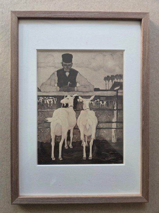 Jan Mankes (1889-1920) - Man met geiten., Antiquités & Art, Antiquités | Autres Antiquités